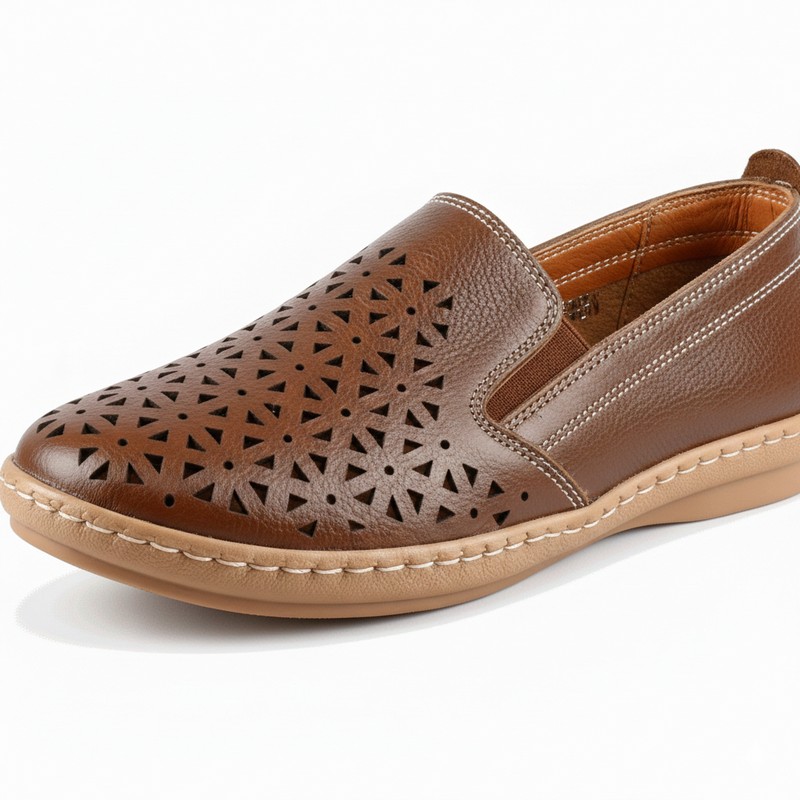 Women’s genuine leather shoes in brown with a leather insole and a soft medical sole with added stitching for extra durability